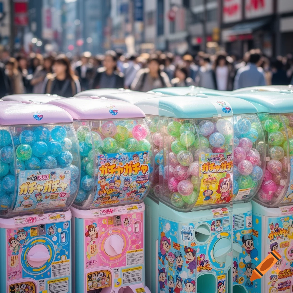 Photorealistic image of colorful gacha machines on a busy Japanese street with blurred people.