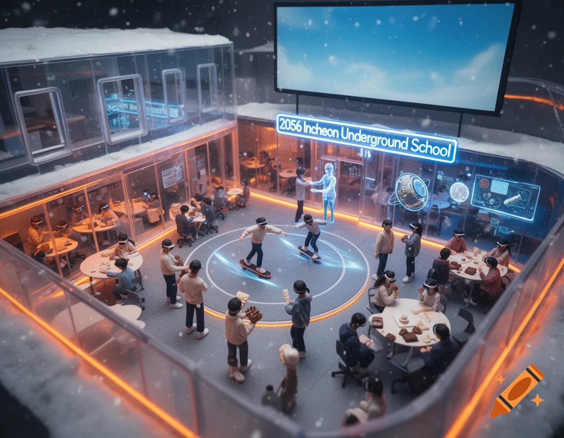 Miniature diorama of a futuristic underground school with students on hoverboards and wearing VR headsets, under snow and a glowing sign.