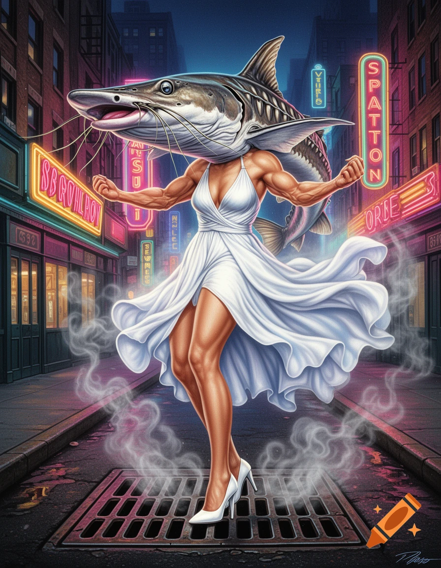 Surreal retro airbrush illustration of an anthropomorphic sturgeon with a muscular human body in a flowing white dress, posing like Marilyn Monroe on a city street with neon signs and subway steam.