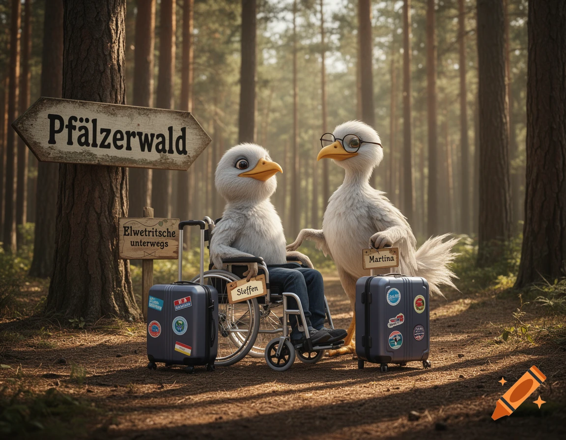Two bird-like mythical creatures, an Elwetritsche couple, are in a forest. One in a wheelchair has a suitcase, the other stands by a second suitcase. Signs read "Pfälzerwald" and "Elwetritische unterwegs".
