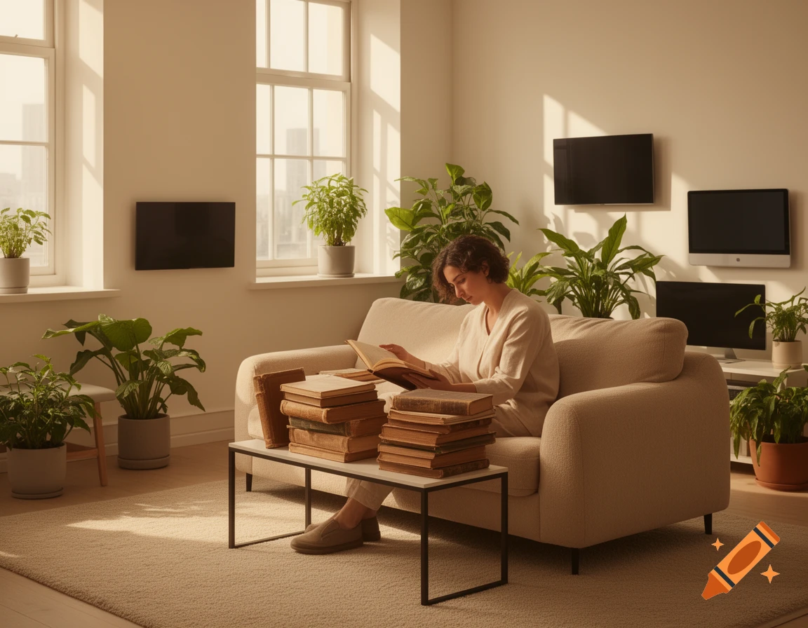 A woman reads a book on a sofa in a modern, sunlit living room with numerous plants and wall-mounted blank screens.