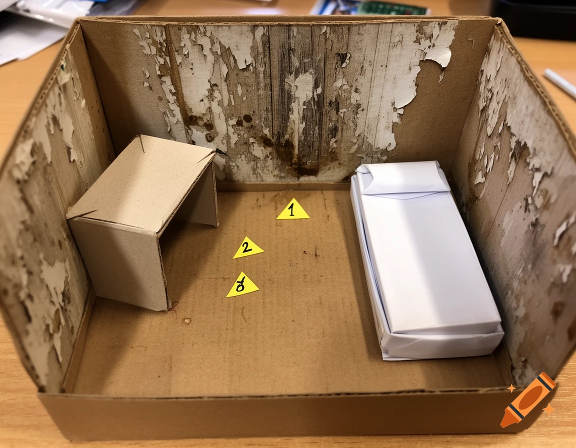 High-angle photo of a miniature crime scene diorama in a cardboard box, with a desk, paper mattress, and evidence markers 1, 2, 3.