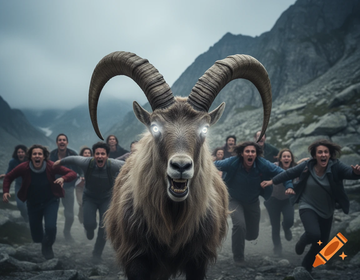 A photorealistic image of a menacing ibex with glowing eyes, standing in a rocky mountain path, as several screaming people run away in terror behind it.