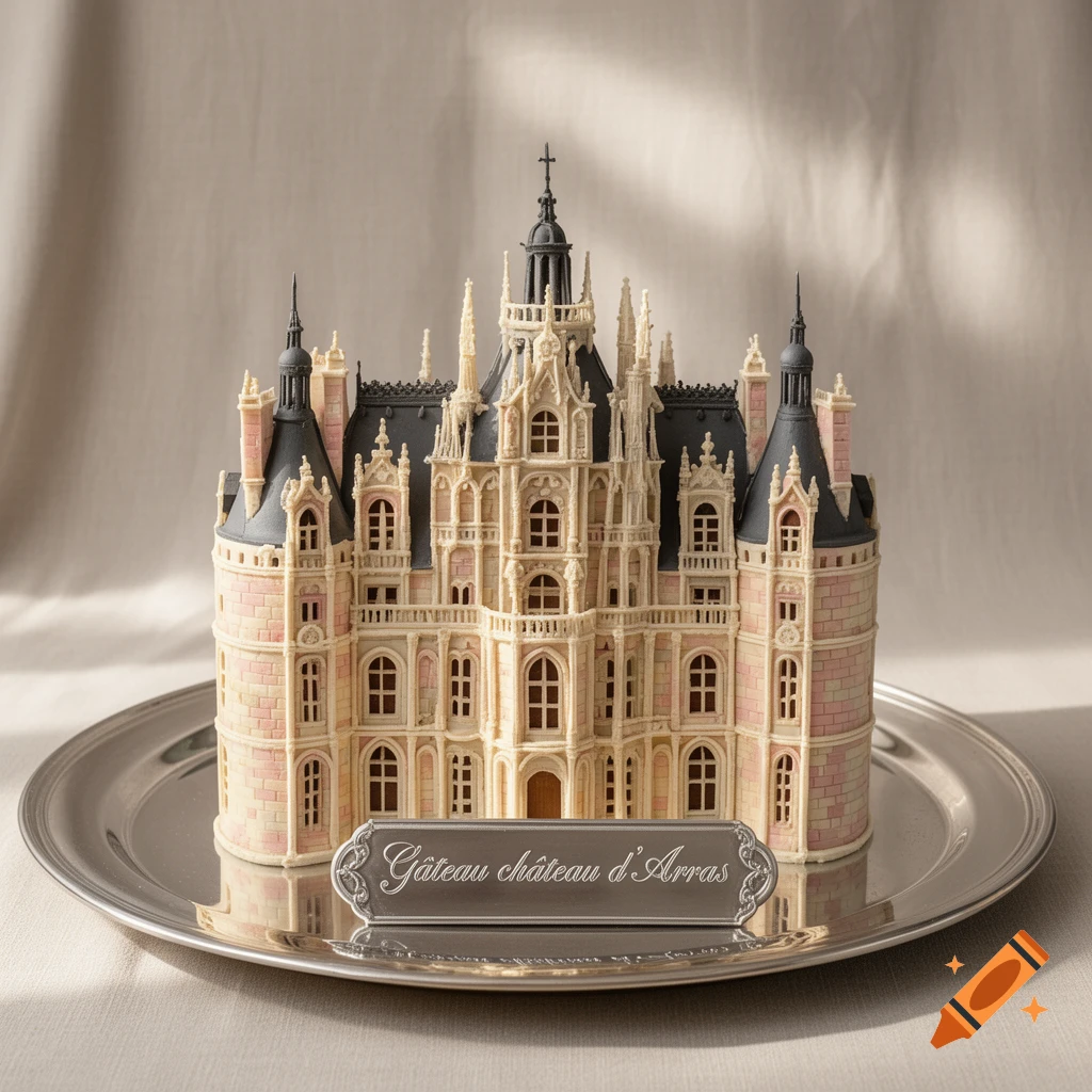 A highly detailed miniature castle cake, pink and cream, sits on a silver platter with a descriptive plaque.