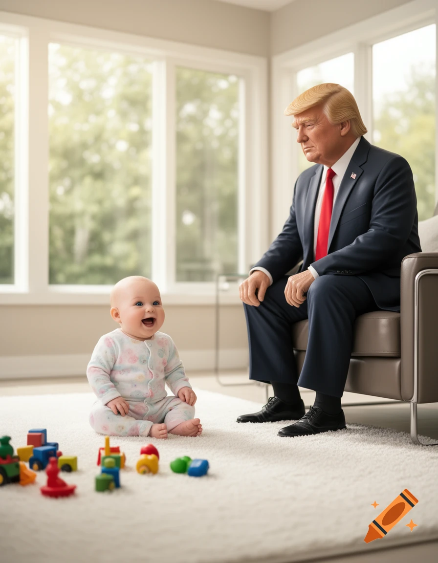 Donald Trump sits in a chair looking at a laughing baby playing with colorful blocks on a rug in a bright room.
