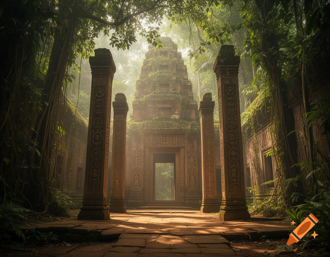 A photorealistic image of ancient temple ruins in a dense, misty jungle, with sunlight filtering through the canopy.