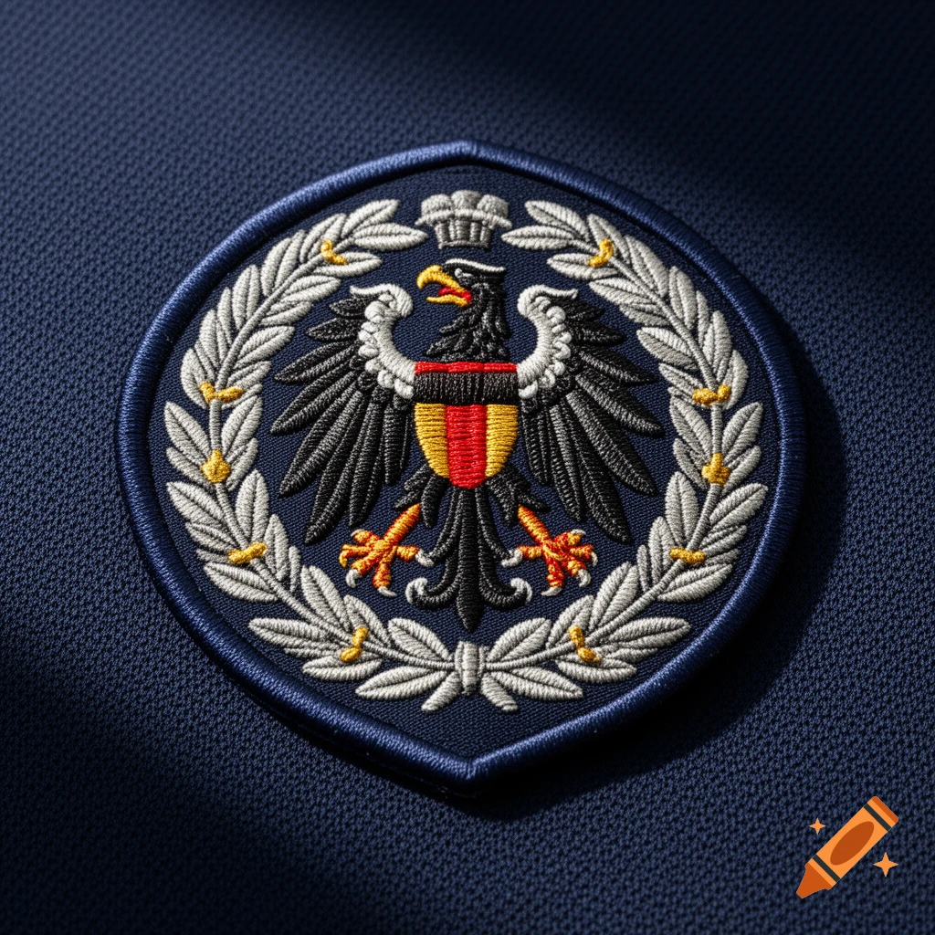 Embroidered blue patch with a black eagle, red and yellow shield, and silver wreath.