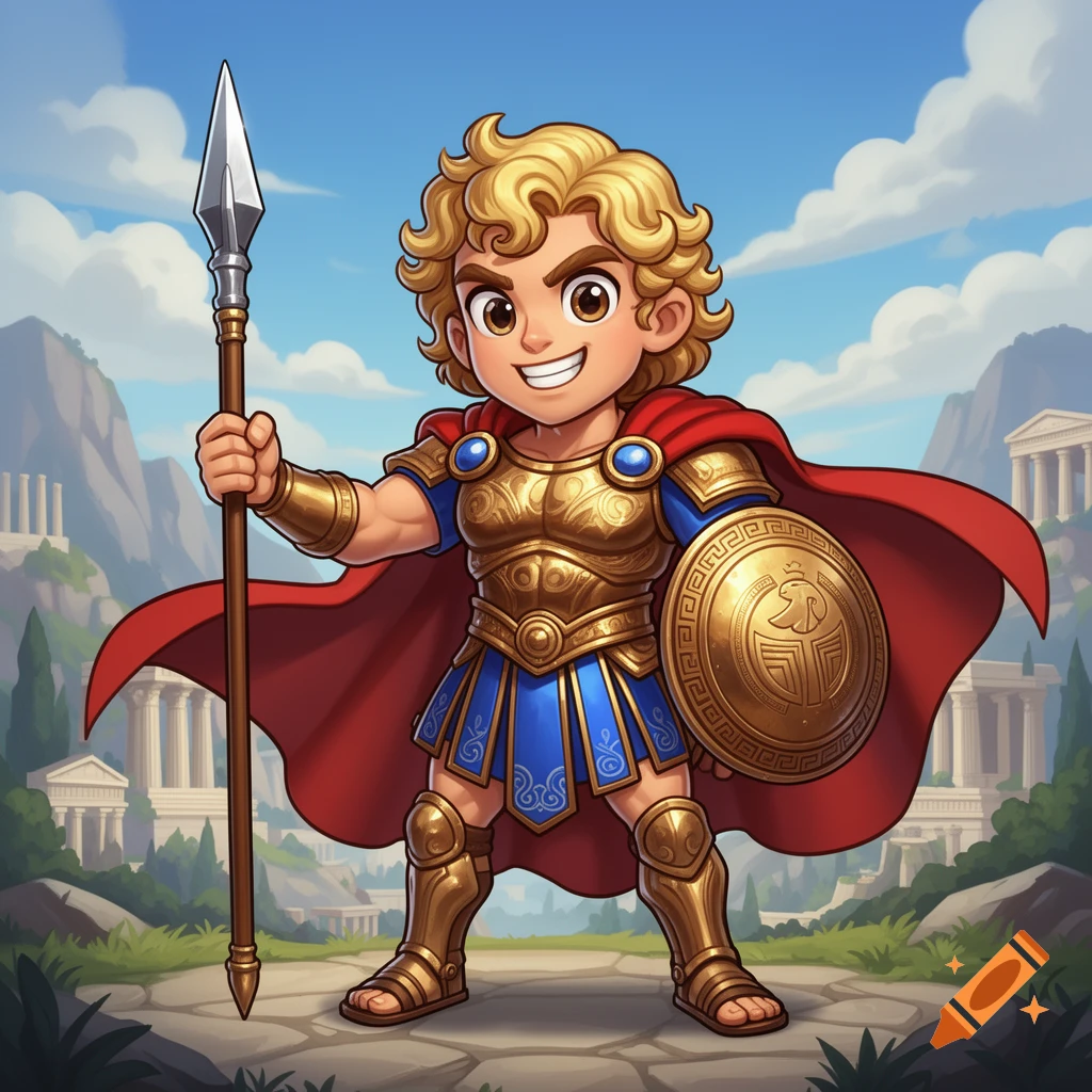 Chibi Achilles cartoon character in golden armor, red cape, holding a spear and shield, standing in front of Greek ruins.