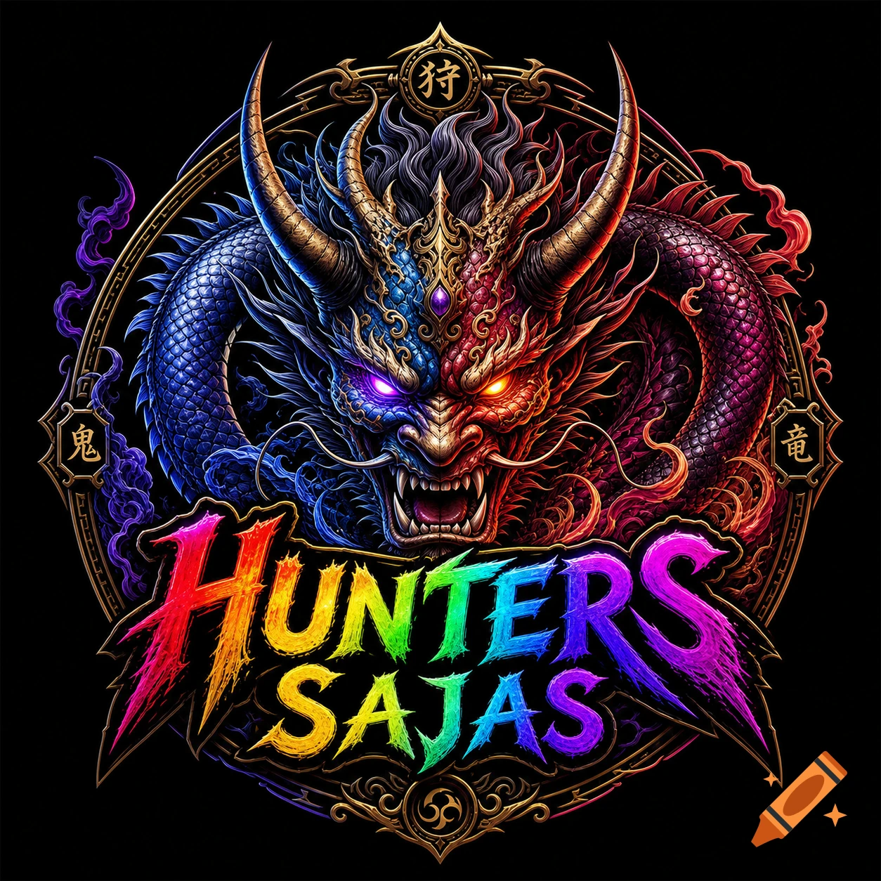 Vibrant, multicolored logo of a two-headed dragon and oni hybrid with 'HUNTERS SAJAS' text and stylized Chinese characters.