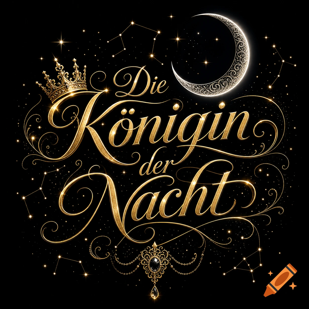 Elegant golden calligraphy 'Die Königin der Nacht' with a crown, crescent moon, and stars on a black background.