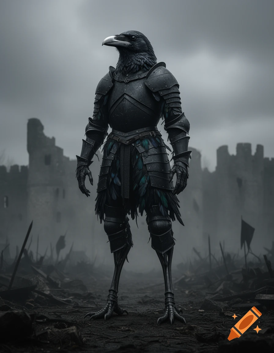 A gothic, crow-headed knight in black plate armor stands on a desolate, misty battlefield with ruined castle walls.