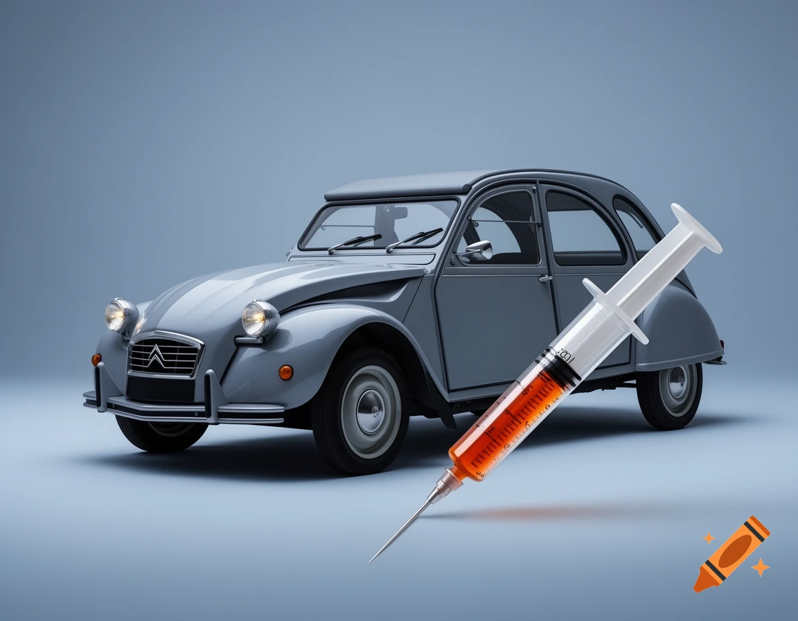 Photorealistic image of a grey Citroën 2CV with a large syringe filled with orange liquid leaning against it on a plain background.
