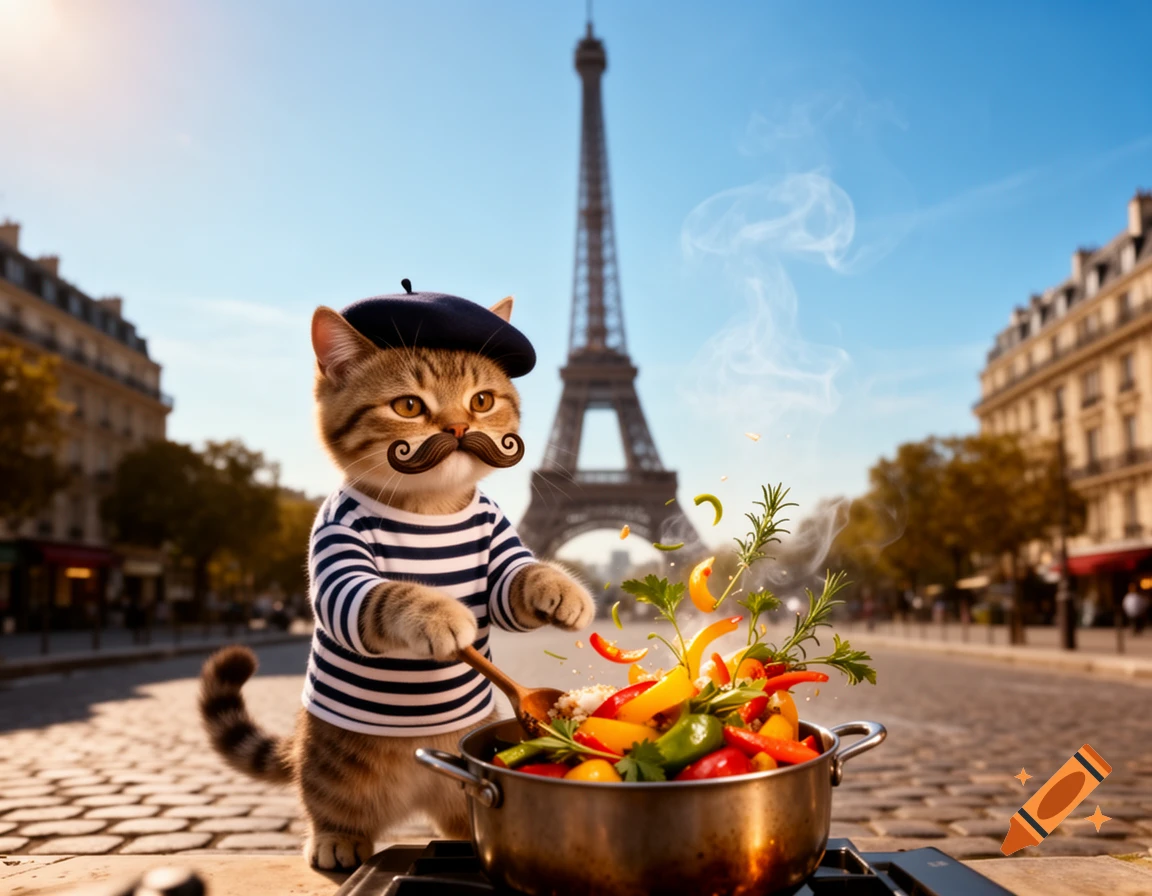 A French cat in a beret and striped shirt stirs a pot of colorful vegetables with the Eiffel Tower in the background.