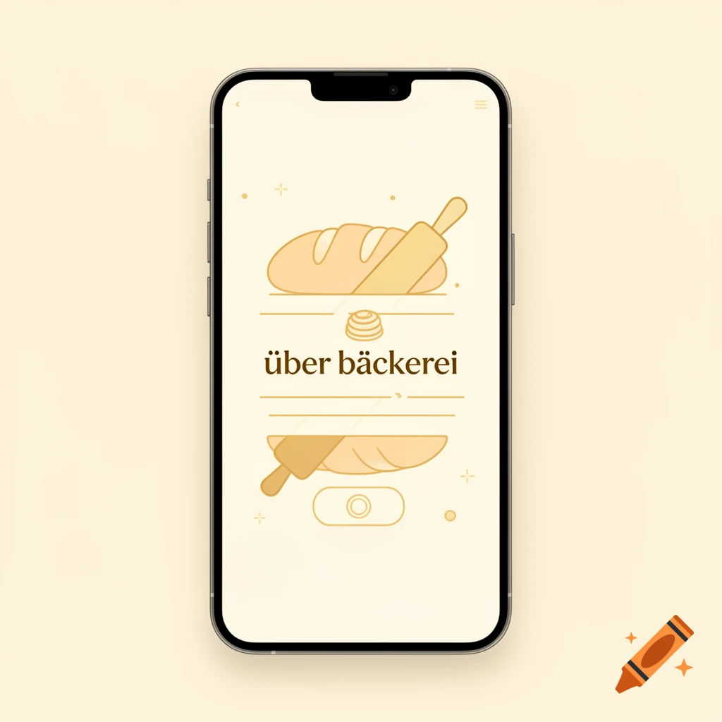 A smartphone displays a minimal app interface for a bakery, featuring bread, a rolling pin, and the text 'über bäckerei'.