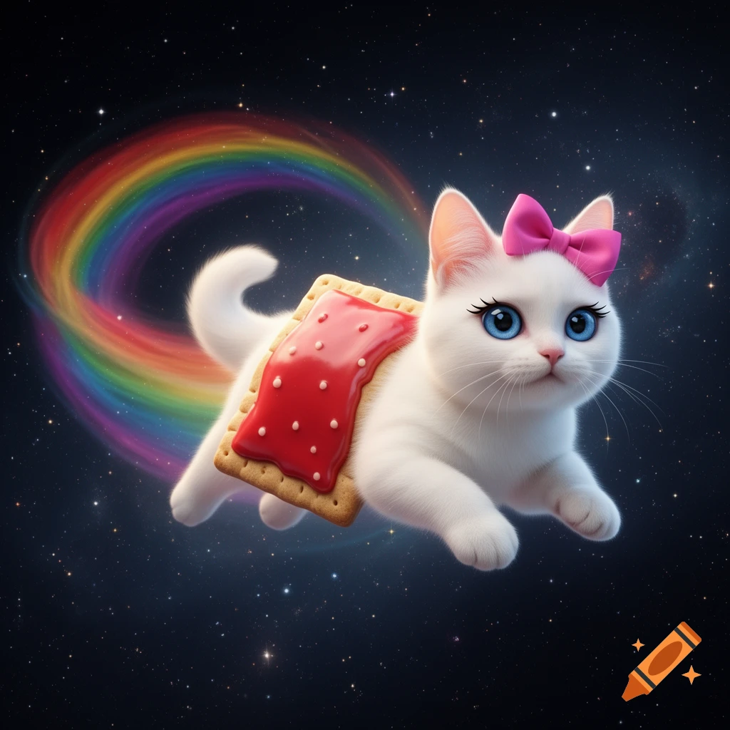 A cute white cat with a pink bow and blue eyes, shaped like a Pop-Tart, flies through starry space leaving a rainbow trail.