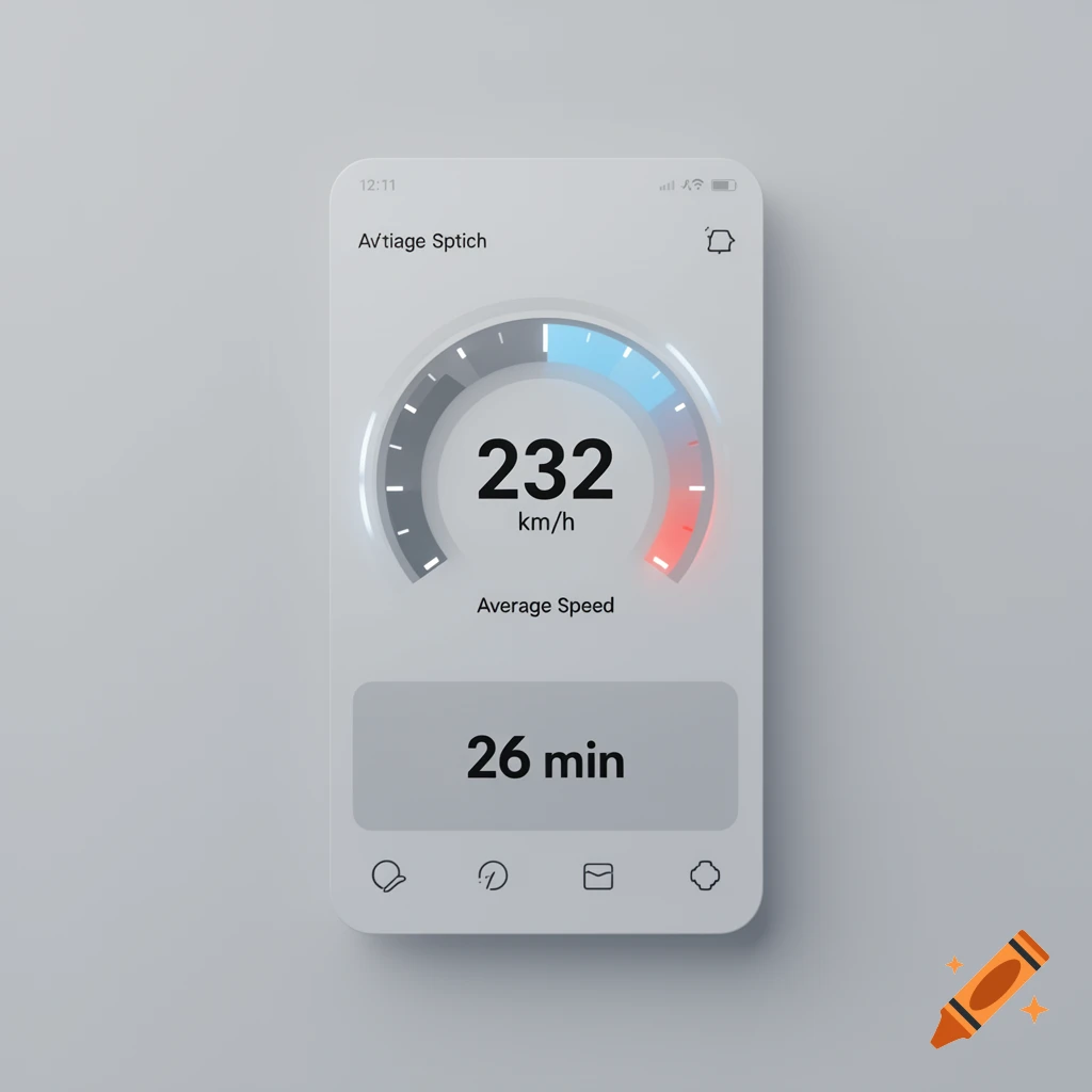 A white mobile phone screen displays an app with a speedometer-like gauge showing "232 km/h Average Speed" and a box with "26 min".