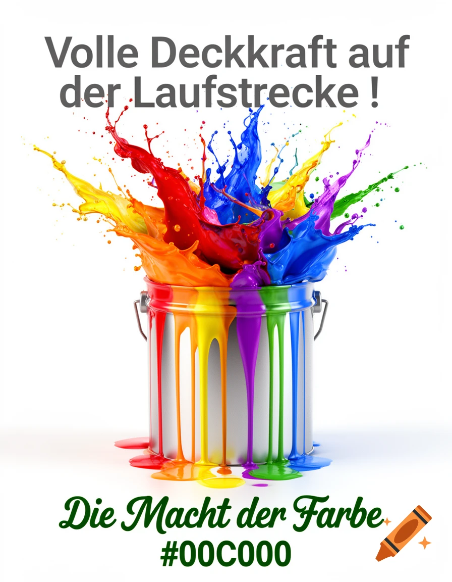 A vibrant paint can with rainbow-colored paint splashing upwards and dripping down, set against a white background with German text.