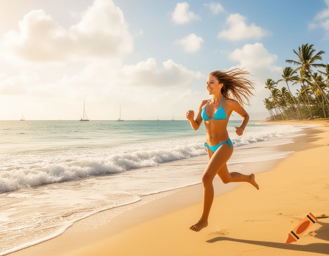 A smiling woman in a blue bikini runs along a sunny, sandy beach with palm trees and sailboats in the background.