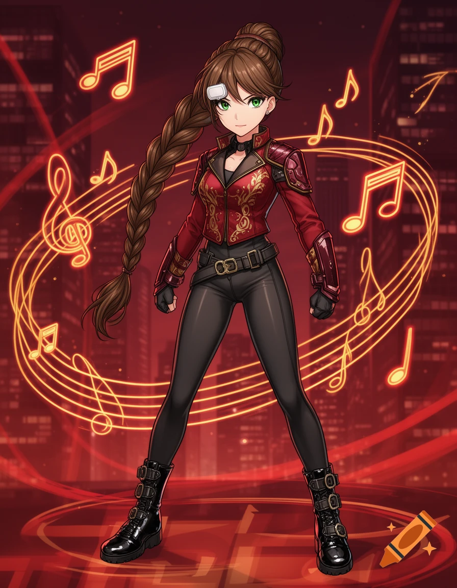 An anime girl with a long brown braided ponytail and green eyes wears a red ornate jacket and black pants, surrounded by glowing music notes.