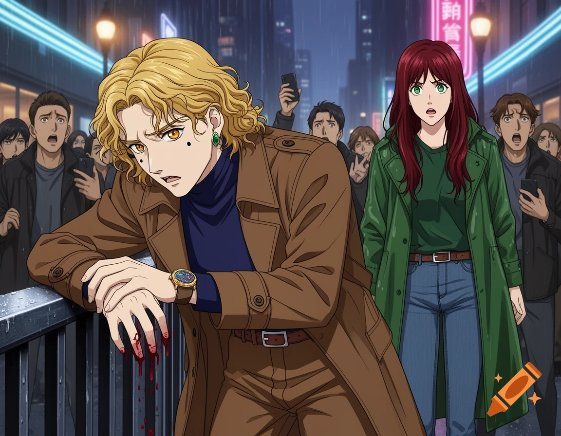 An anime scene of a man with curly blonde hair and a brown trenchcoat leaning on a railing with bloody fingers, looking distraught as a woman with red hair in a green coat stares at him in a rainy city street with shocked onlookers.