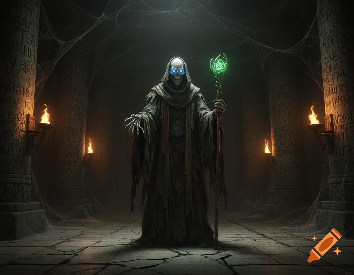 A skeletal lich with glowing blue eyes and a green staff stands in a dark, cobweb-filled stone chamber with ancient pillars and torches.