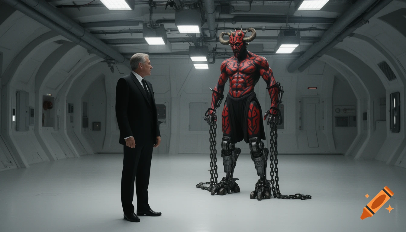 A well-dressed man observes a chained, red-skinned, horned creature with mechanical legs in a sterile sci-fi chamber.