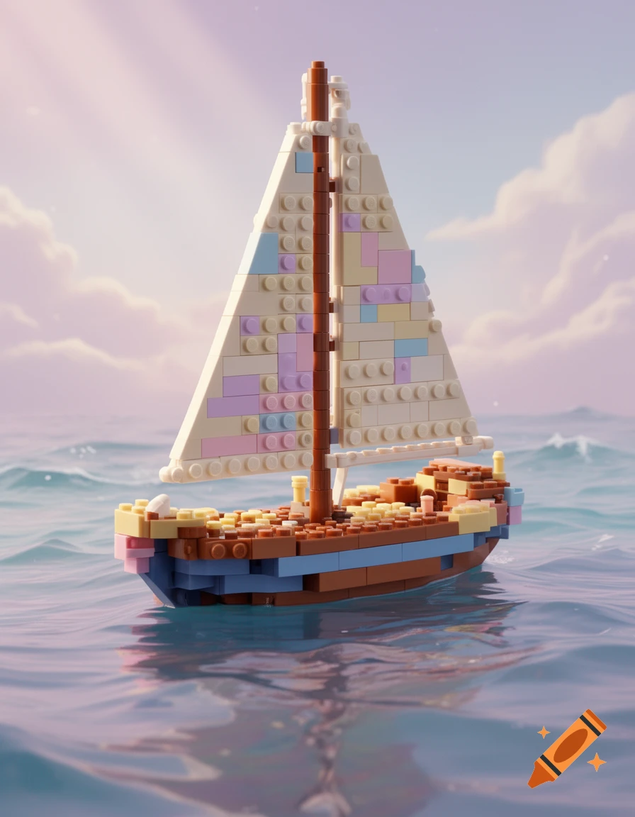 A colorful Lego sailboat with a white, pastel-colored sail floats on calm blue water under a soft pink and purple sky.