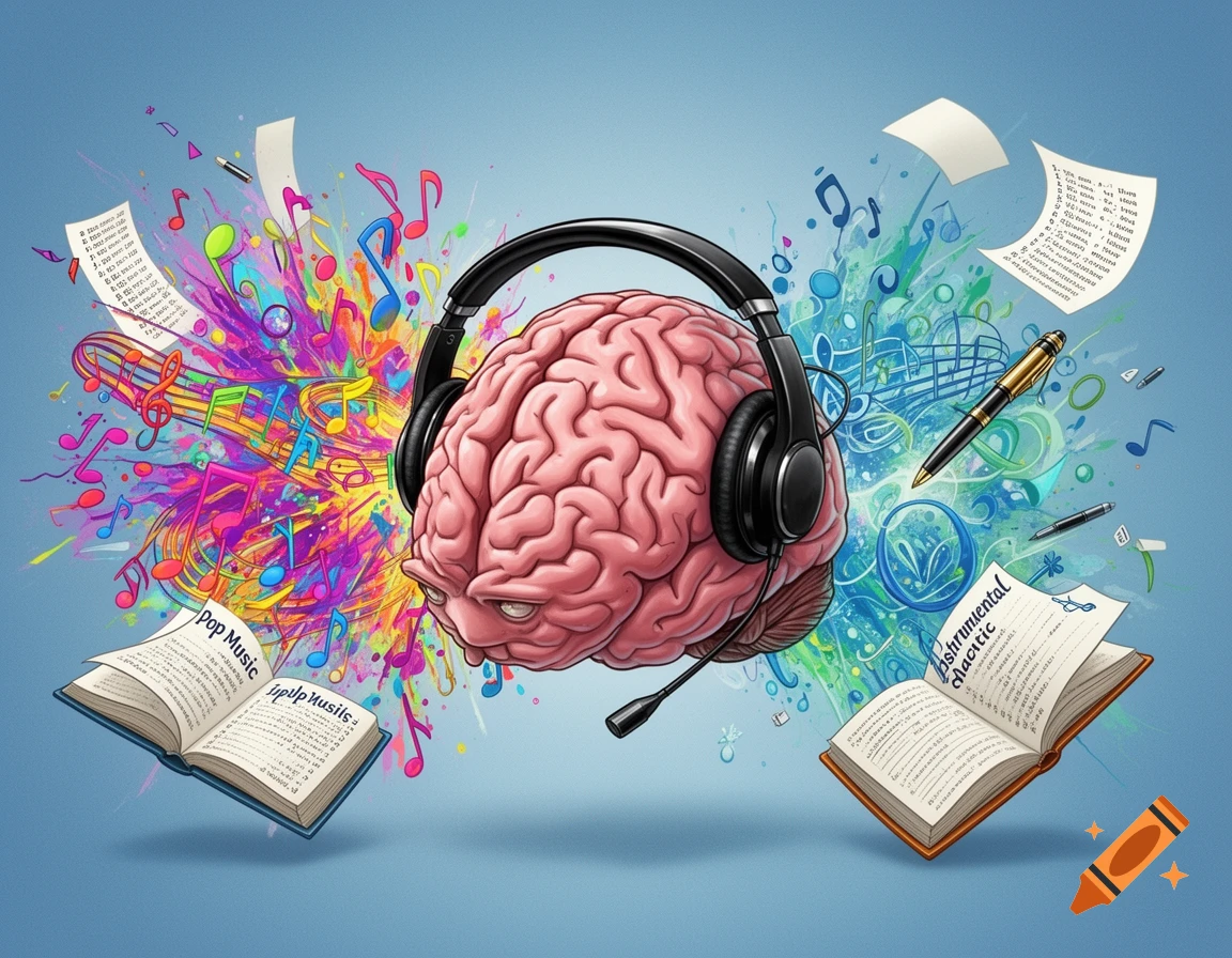 A conceptual illustration of a brain wearing headphones, surrounded by colorful musical notes, books, and papers, symbolizing focus amidst distractions.
