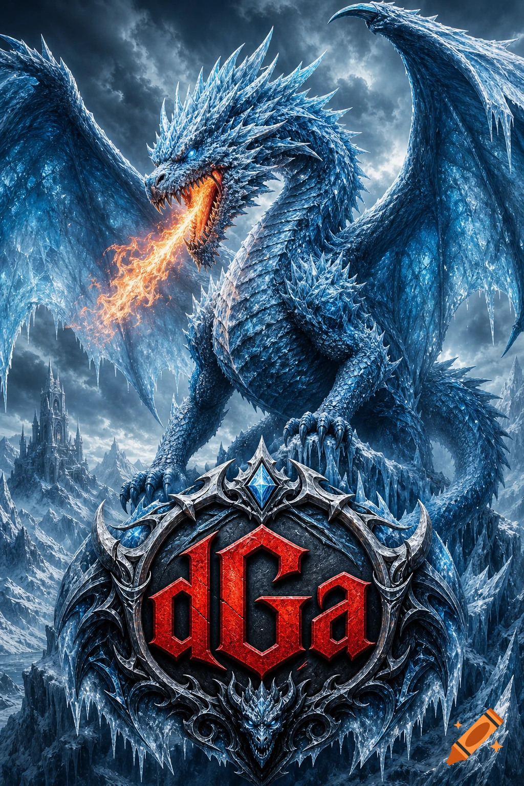 A majestic blue ice dragon breathes fire, perched on an icy mountain with a castle in the background and a red 'dGa' logo.