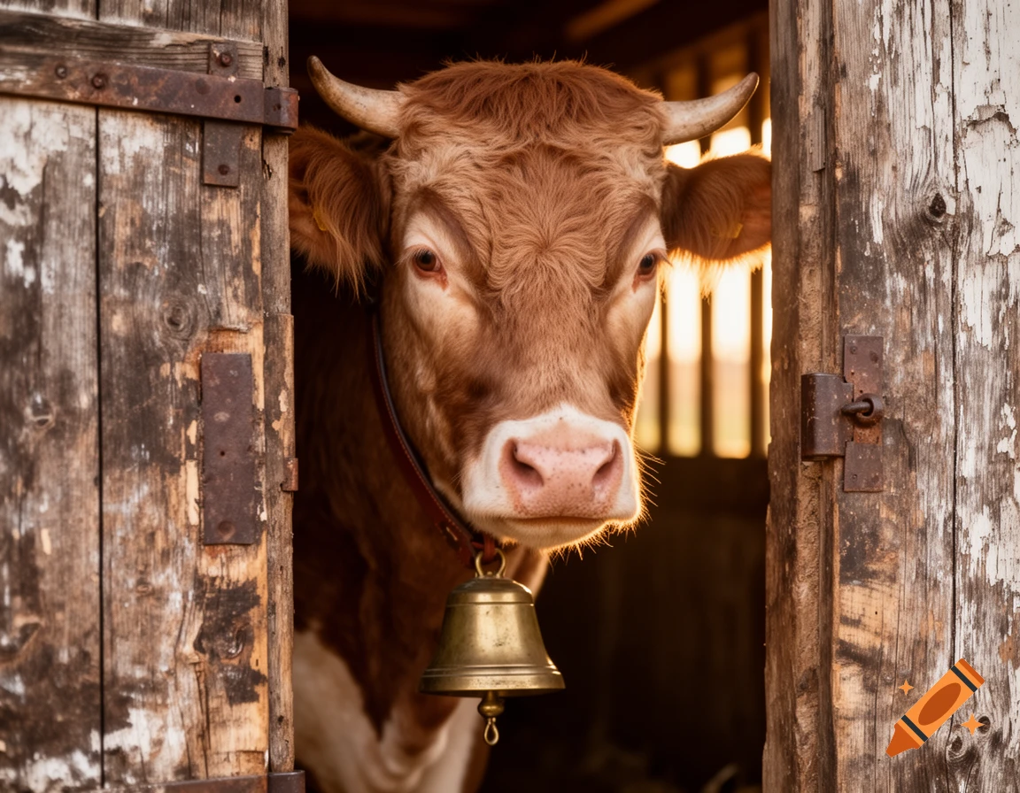 A brown cow with a bell necklace peeks out from a rustic wooden barn door, bathed in warm sunlight.