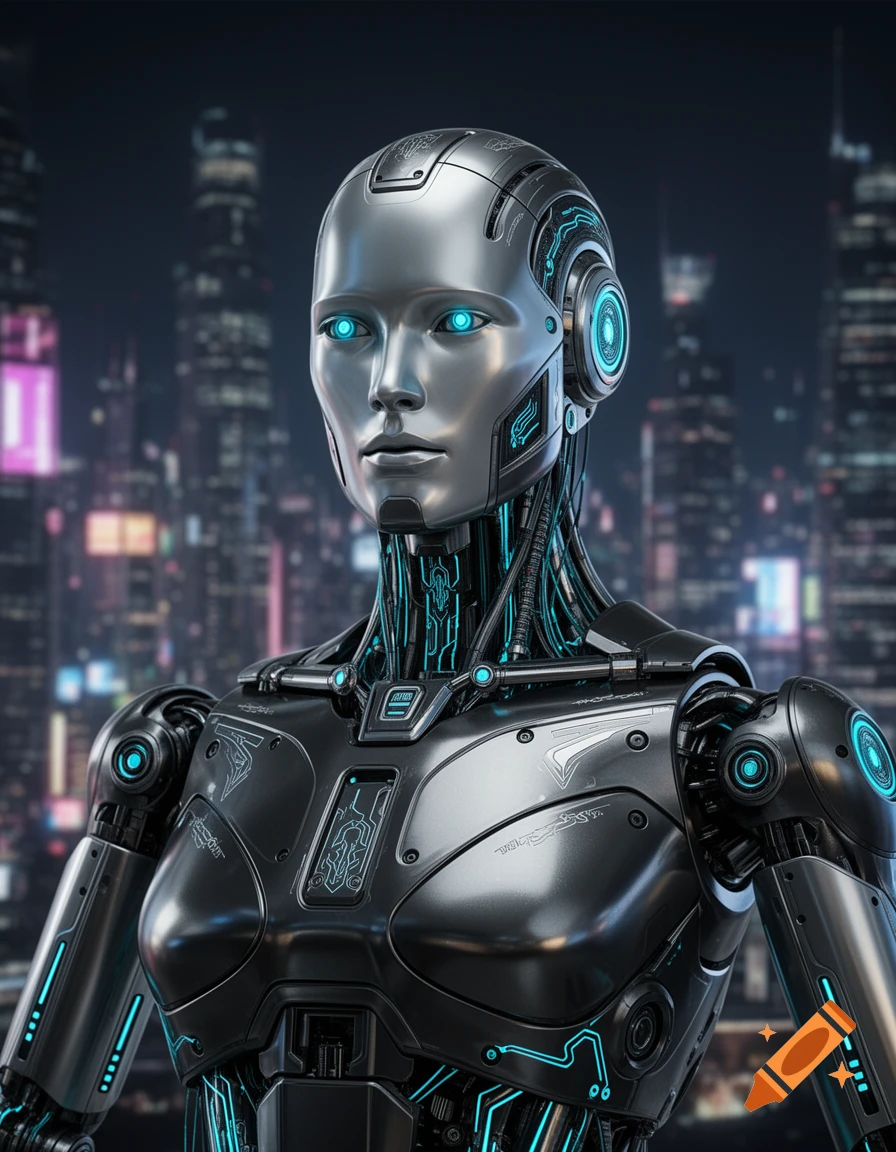 A highly detailed, metallic humanoid robot with glowing blue eyes and circuit patterns against a blurred futuristic city at night.