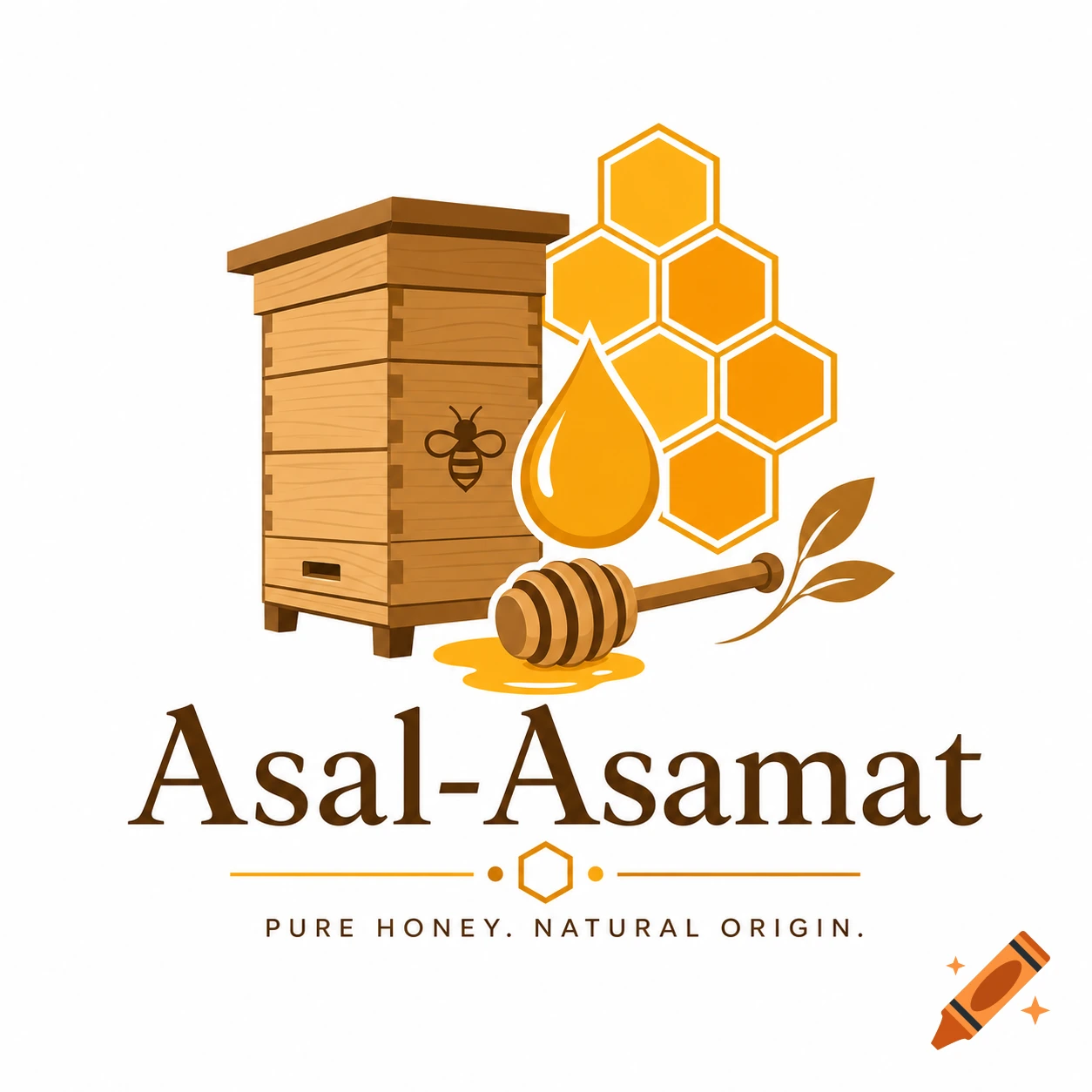 Flat vector logo for Asal-Asamat brand, featuring a beehive, honeycomb, honey drop, and dipper in warm gold, orange, and brown.