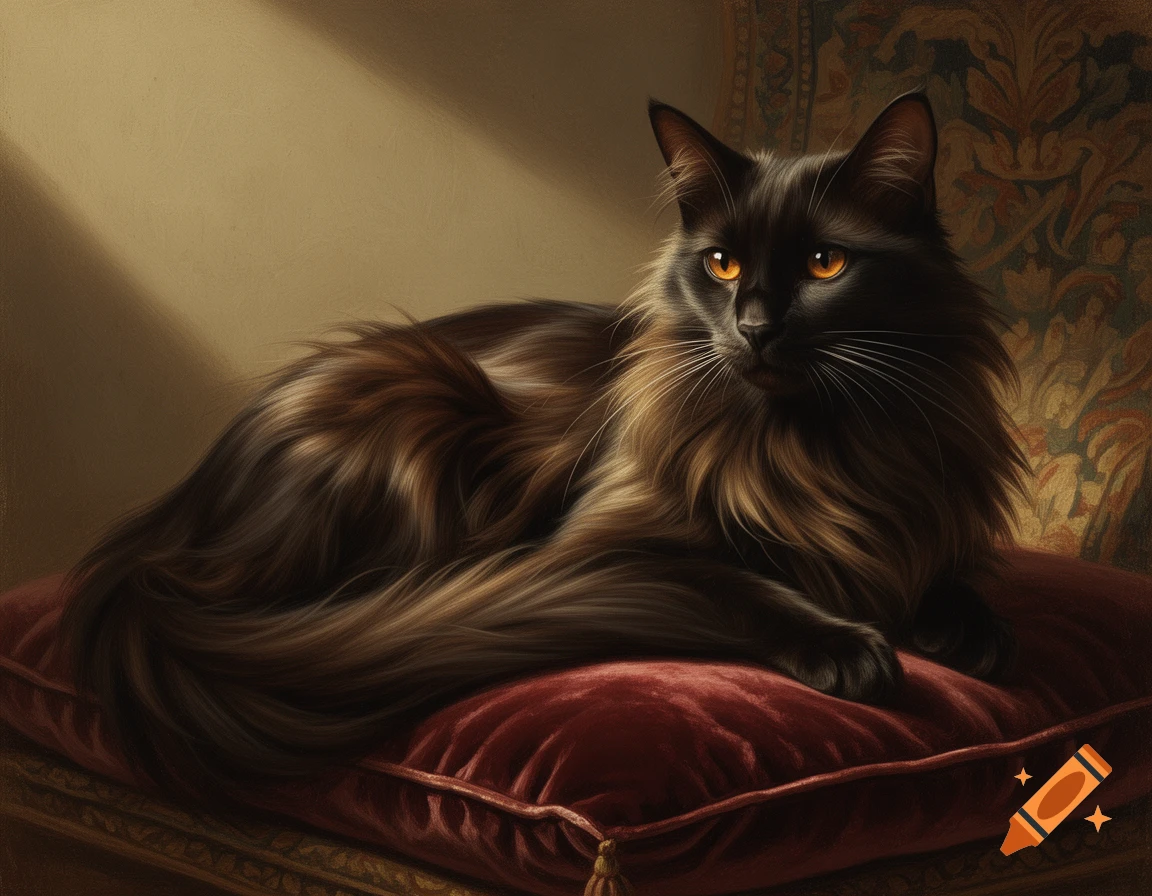 Fluffy black cat with amber eyes lounging on a red velvet cushion, in a classical painting style.
