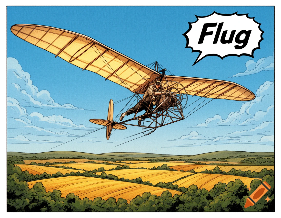 Comic art of an early monoplane glider with a pilot flying over fields, a speech bubble says 'Flug'.