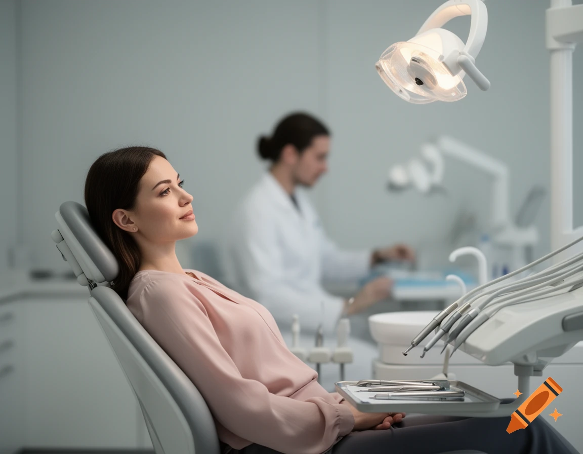 A photorealistic image of a woman sitting in a dental chair in a bright dentist's office, with a blurred dentist in the background.