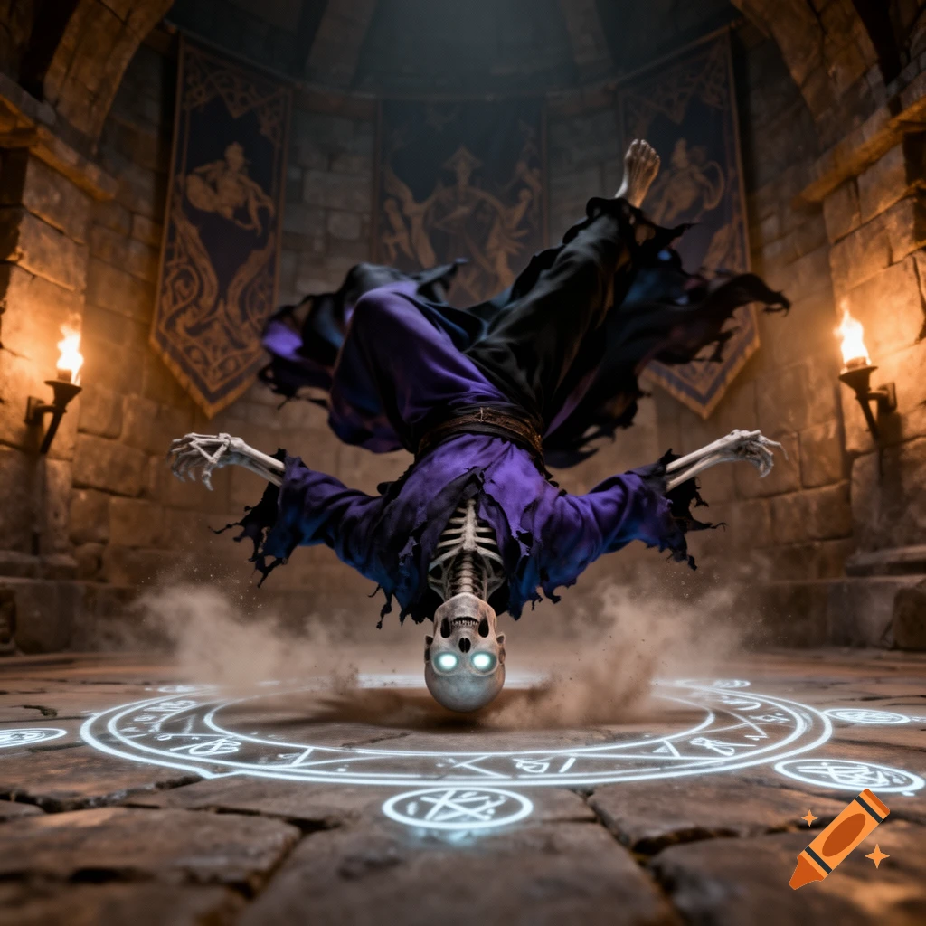 A skeletal lich in a tattered purple robe breakdancing upside down on a glowing magic circle in a dark stone dungeon.