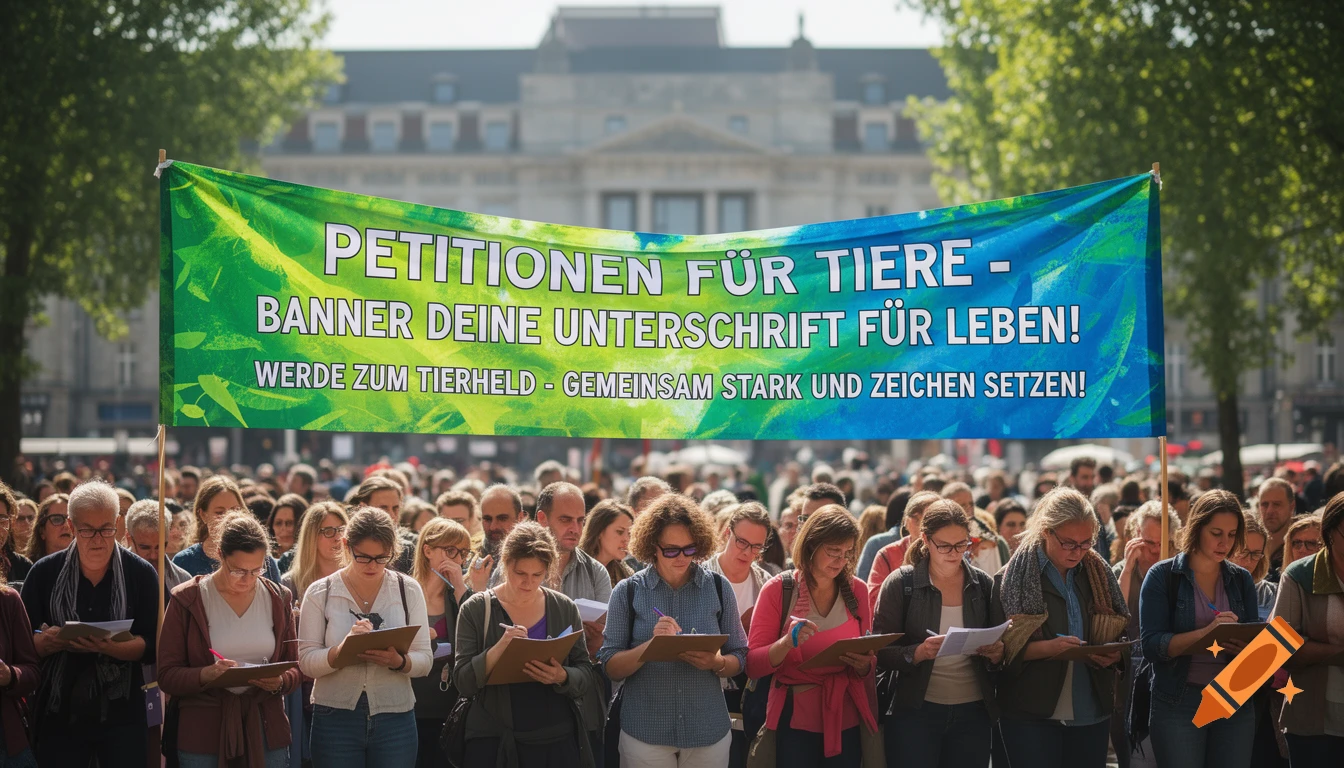 A crowd of people sign papers under a green and blue banner with German text about animal petitions, in a sunny city square.