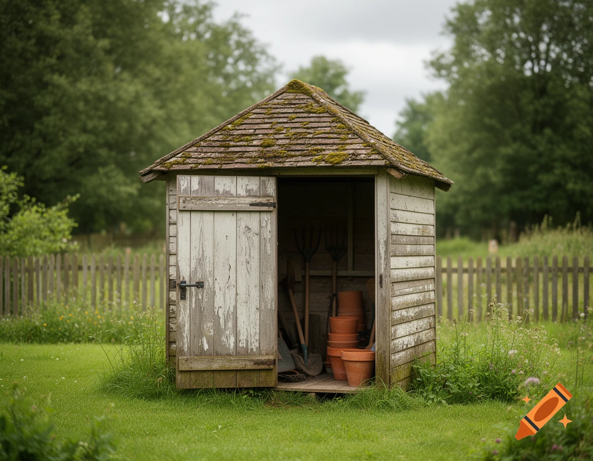 An old wooden shed with an open door, revealing gardening tools and terracotta pots inside, sits in a grassy field with a wooden fence and trees in the background.