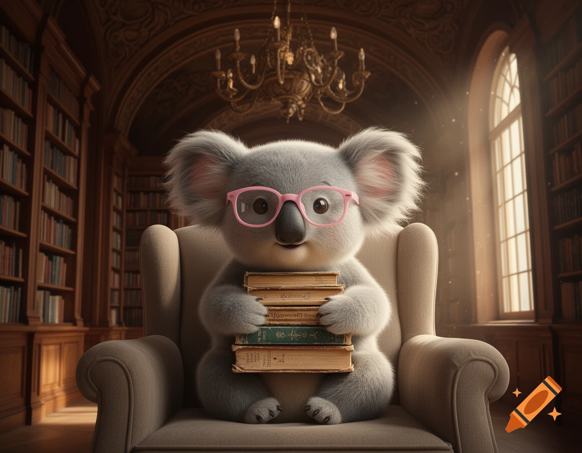 A cute, fluffy koala wearing pink glasses sits in a library chair, holding a stack of books. Photorealistic style.