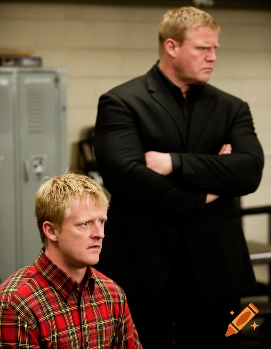 A blonde man in a red plaid shirt looks worried as a large man in a black suit with crossed arms looms behind him.
