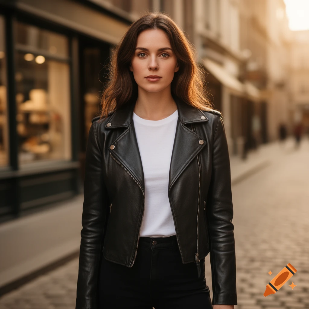 Photorealistic image of a young woman in a black leather jacket and ...