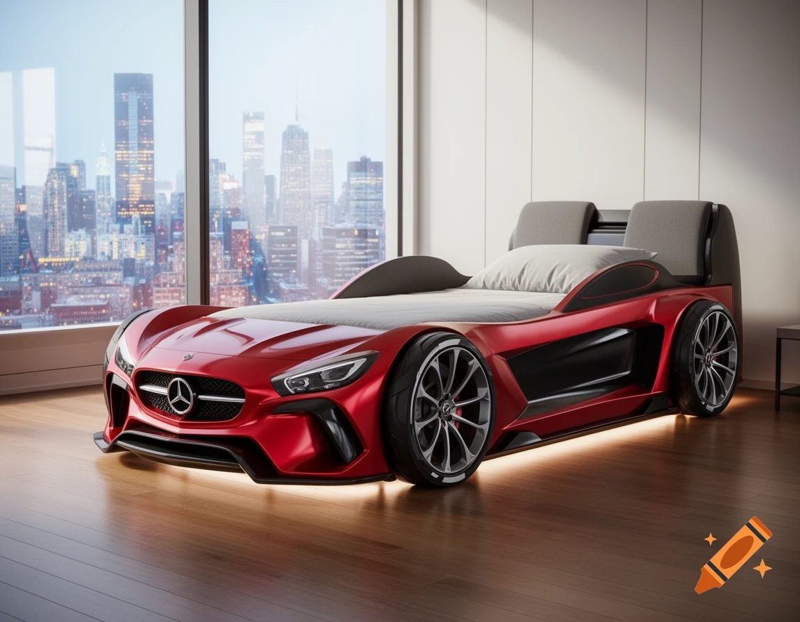 A modern room features a red racing car-shaped bed with a Mercedes logo, against a backdrop of a city skyline at dusk.