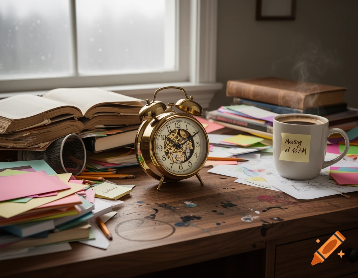 A photorealistic image of a messy wooden desk with an old alarm clock, books, papers, pencils, and a steaming coffee mug with a 'Meeting at 10 AM' note.