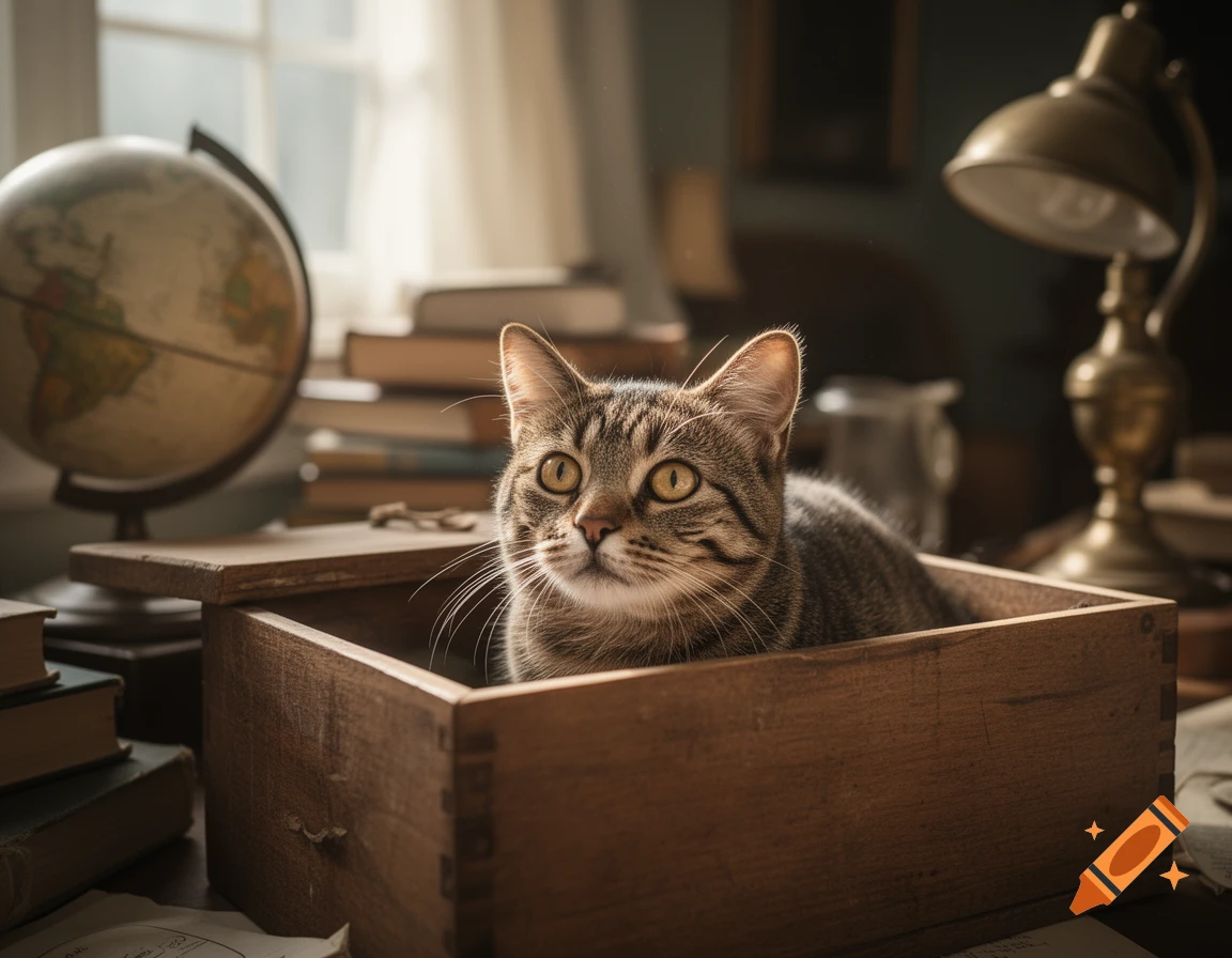 A photorealistic tabby cat peeking out of a wooden box on a desk with a globe, books, and a lamp in the background.