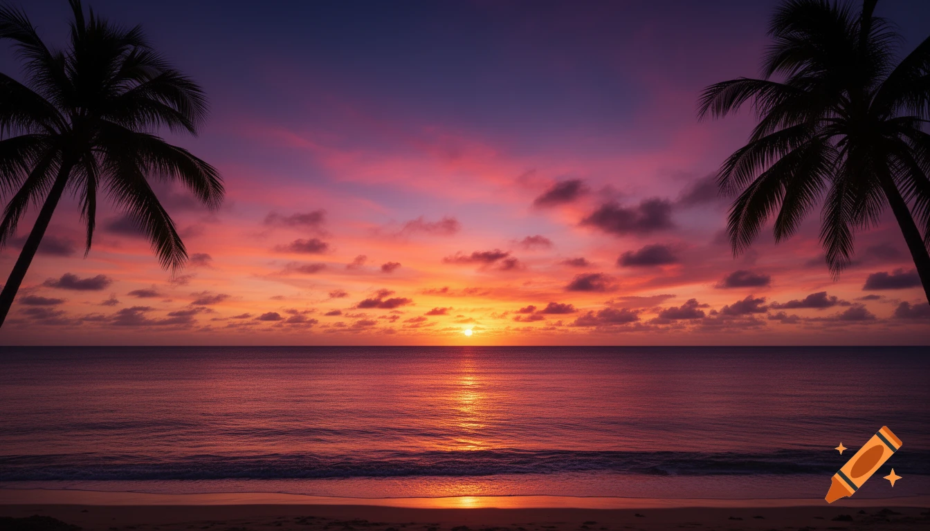 Vibrant pink and orange sunset over a tropical ocean, with the sun reflecting on the water and silhouetted palm trees framing the scene.