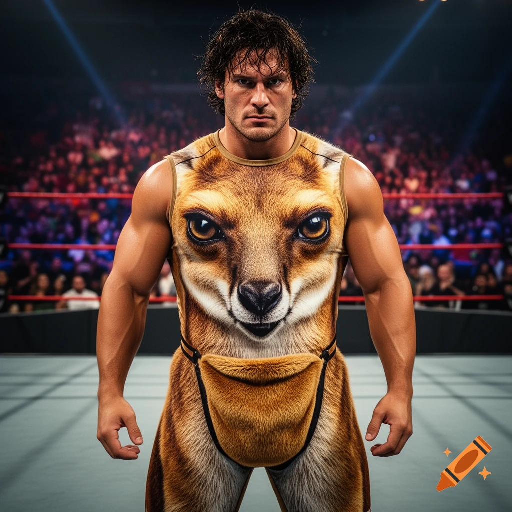 A muscular male wrestler in a realistic kangaroo-themed sleeveless outfit stands in a wrestling ring with a blurred crowd.
