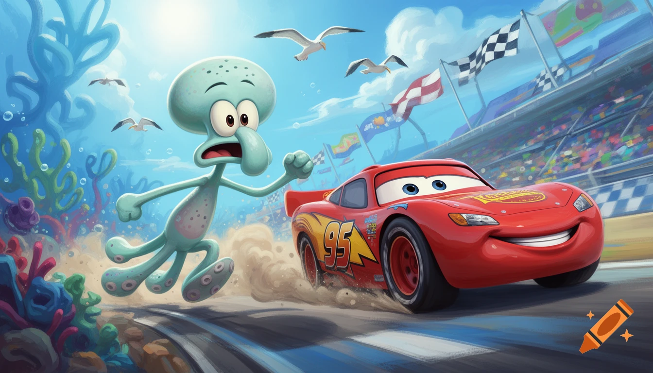 Cartoon Squidward on a race track, fleeing from Lightning McQueen with gulls and coral in a vibrant crossover scene.