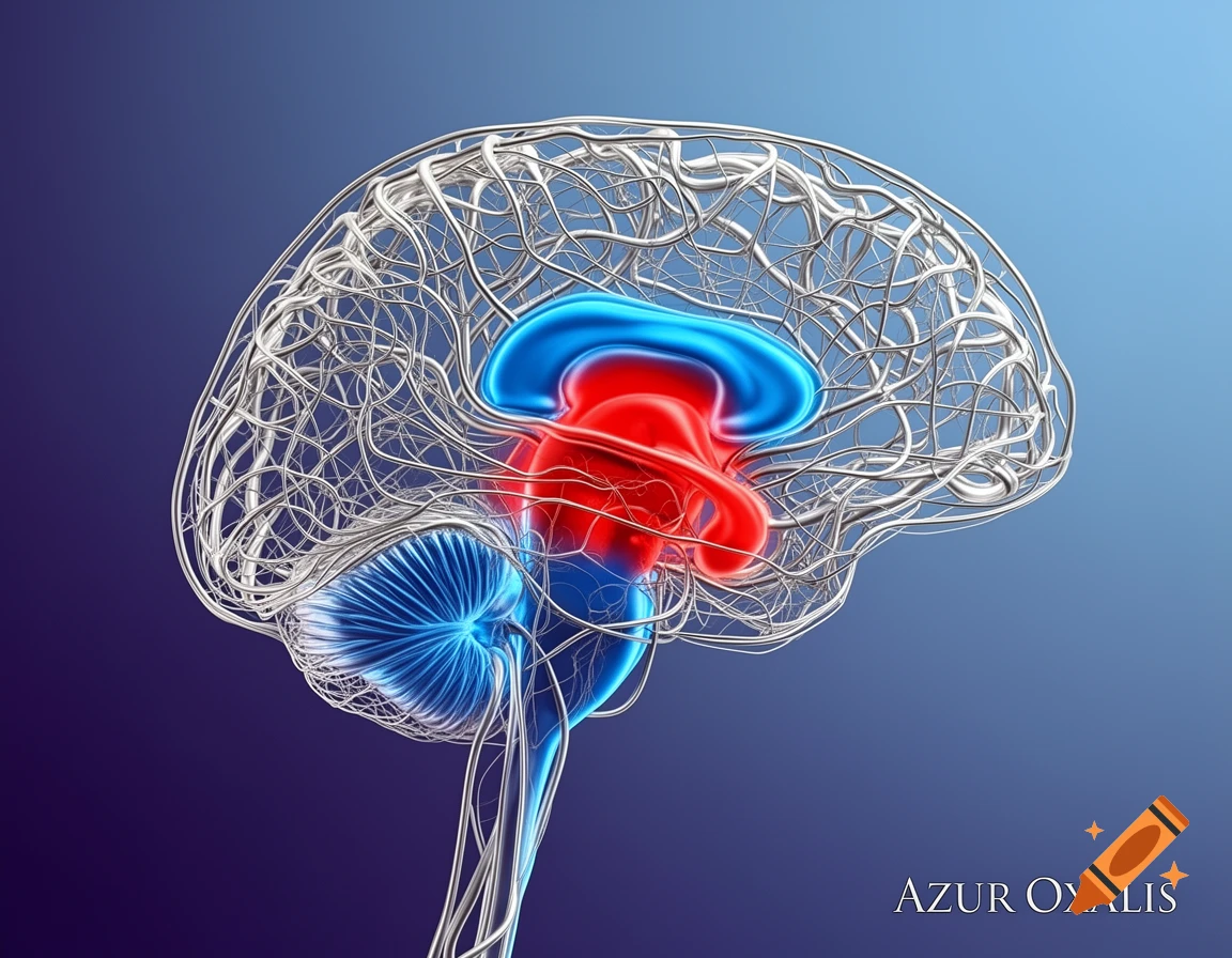 3D medical illustration of a human brain showing complex wireframe structures with key areas highlighted in red and blue, and the text AZUR OXALIS.