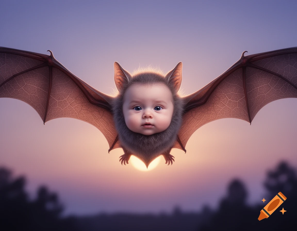 A furry baby with bat ears and wings flies against a purple and orange sunset sky.