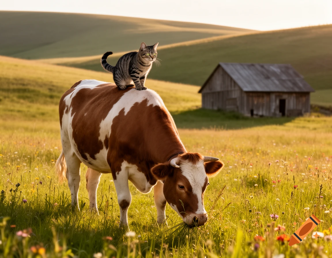 A tabby cat stands on a brown and white cow grazing in a sunlit grassy field with a distant barn.